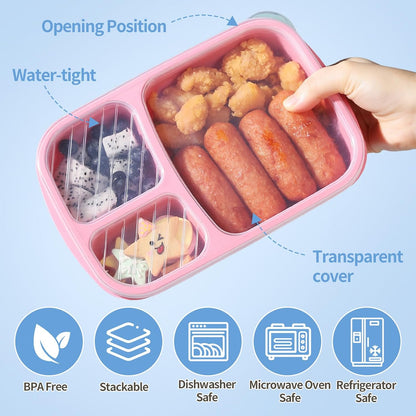 Bento Box Adult Lunch Box - 3 Pack,3-Compartment Leak-Proof Bento Boxes Ideal Portion Sizes for Kids , Reusable Food Storage Snack Containers,Microwave and Dishwasher Safe & Food-Safe Materials (blue)