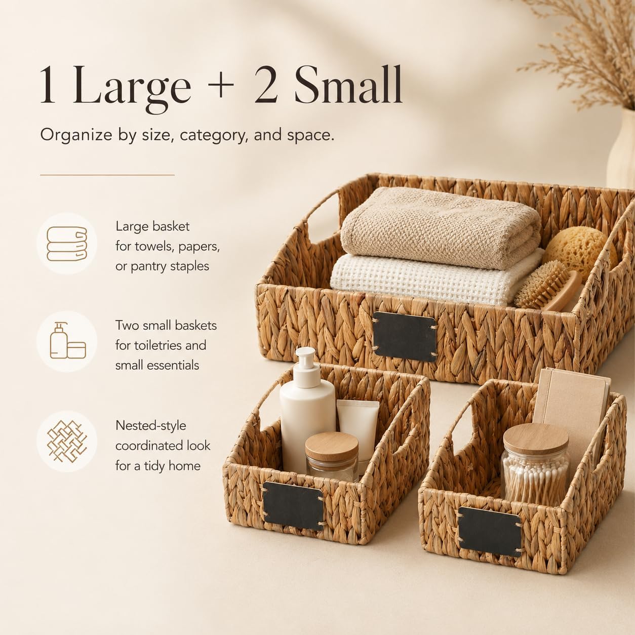 Water Hyacinth Storage Baskets Set of 3 with Chalkboard Labels — Wicker Pantry Organizer Baskets for Kitchen Shelves, Laundry Room, Bathroom & Bedroom — Woven Snack & Produce Storage Bins