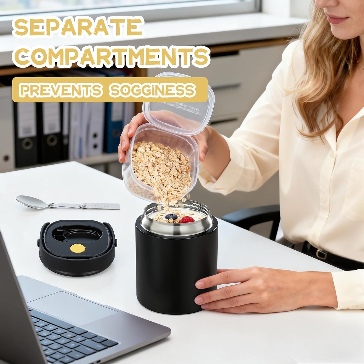 2 - in - 1 Soup Thermo for Hot Food 14oz with Snack Box Container Leak Proof Insulated Lunch Container Kids and Adults Stainless Steel Double Wall Vacuum Wide-mouth Thermal with Spoon and Handle