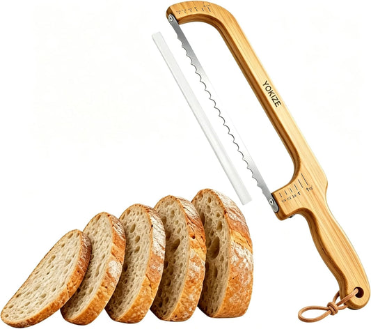 Bread Slicer for Homemade Bread, Sourdough Bread Knife, Adjustable Blade Tightness & Thickness Scale Markings to Ensure Precise Slicing, Reversible Serrated Blade Fits Left & Right Hand Users