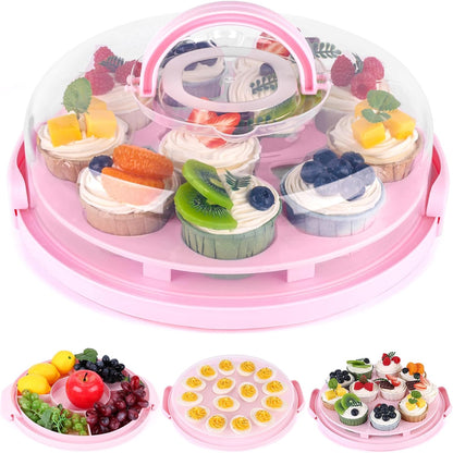 HANSGO Cake Carrier, Round Cupcake Holder Devil Egg Tray with Lid Handle 3-in-1 Cupcake Carrier for Cupcake Devil Eggs 10" Cake, Pink