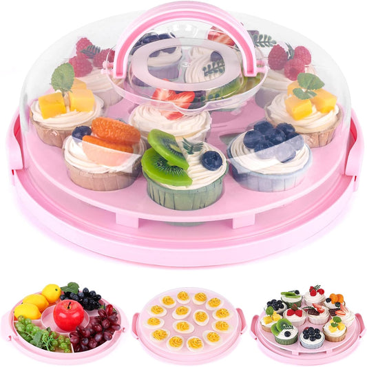 HANSGO Cake Carrier, Round Cupcake Holder Devil Egg Tray with Lid Handle 3-in-1 Cupcake Carrier for Cupcake Devil Eggs 10" Cake, Pink