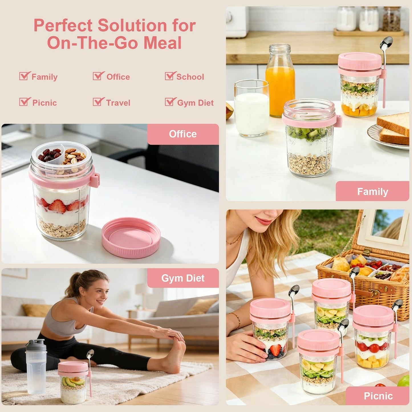 Overnight Oats Containers with Lids and Spoons - 4 Pack 16 oz Glass Mason Jars with Separate Compartments Airtight Overnight Oat Jars Leakproof Yogurt Parfait Cup for Oatmeal Chia Pudding Cereal Salad