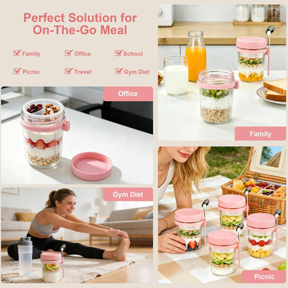 Overnight Oats Containers with Lids and Spoons - 4 Pack 16 oz Glass Mason Jars with Separate Compartments Airtight Overnight Oat Jars Leakproof Yogurt Parfait Cup for Oatmeal Chia Pudding Cereal Salad
