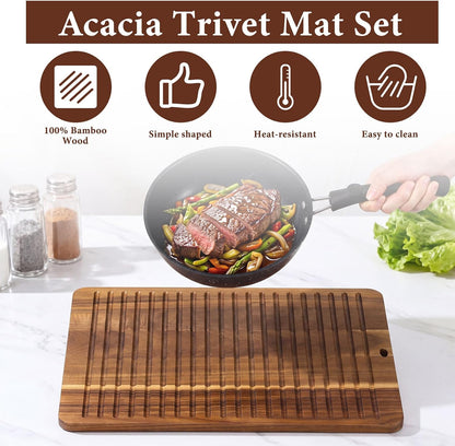 12 x 9 Inches Acacia Wood Trivet Mat Thicken Wooden Hot Pads Trivets Heat Resistant Non Slip Pads for Table Countertop Hot Dishes Holder Pot Bowl Teapot Kitchen Counter Protector