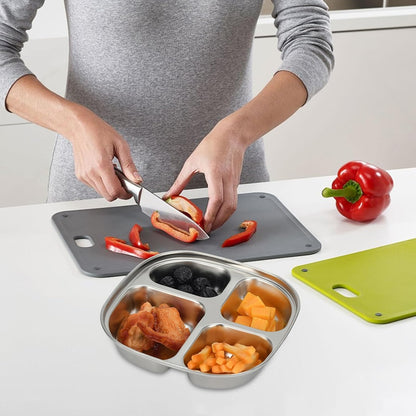 4-Pack Stainless Steel Divided Plates with Lids –Portion Control Meal Trays for Balanced Meals – BPA-Free, Shatterproof, Dishwasher Safe – Ideal for Home, Travel, School (Colorful-3-Section)