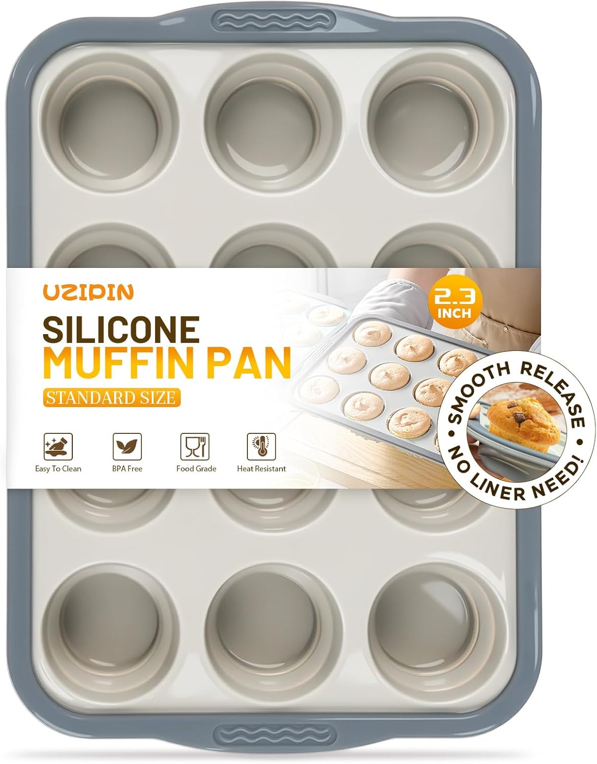 Silicone Muffin Pan, 12 Cups Non-Stick Cupcake Pan, Food-Grade BPA-Free Muffin Tin, Oven-Safe 450 °F, Reinforced Steel Frame, Easy-Grab Handles, Quick-Release 2.3" Baking Molds for Mini Treats
