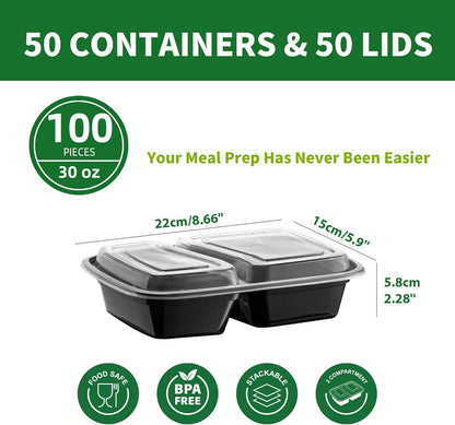 Meal Prep Containers 50 Pack - 30oz 2-Compartment Disposable Take Out Food Storage Containers with Leakproof Lids, BPA Free Plastic To Go Lunch Boxes, Microwave/Dishwasher/Freezer Safe