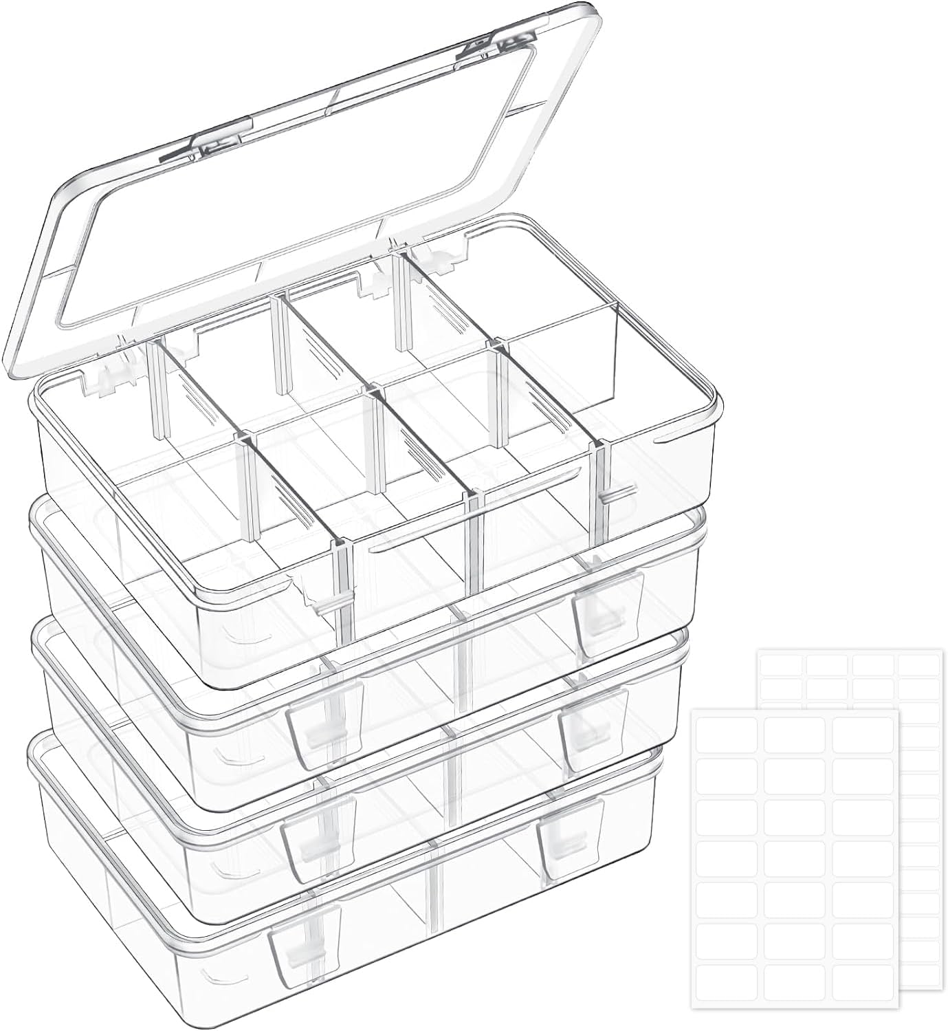 Mauproy 4 Pack 8 Grids Bead Organizer and Storage, Clear Plastic Storage Containers with Removable Dividers and Labels Small Tackle Box Organizer for Jewelry Crafts Electronics Small Parts