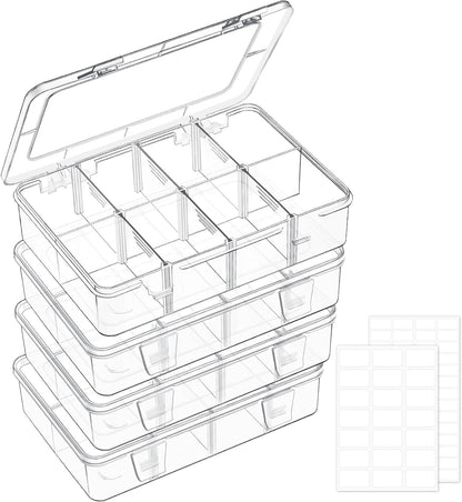 Mauproy 4 Pack 8 Grids Bead Organizer and Storage, Clear Plastic Storage Containers with Removable Dividers and Labels Small Tackle Box Organizer for Jewelry Crafts Electronics Small Parts