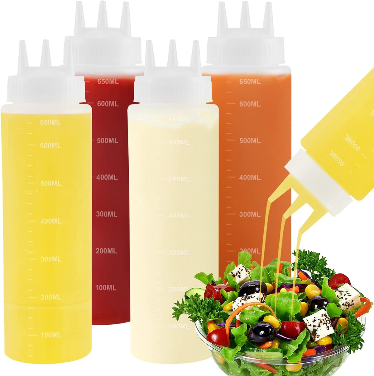 4Pack 23oz Plastic Squeeze Condiment Bottles 3 Holes Sauce Squeeze Bottle 680ml Squirt Bottles for Syrup Ketchup Dressing Oil Honey