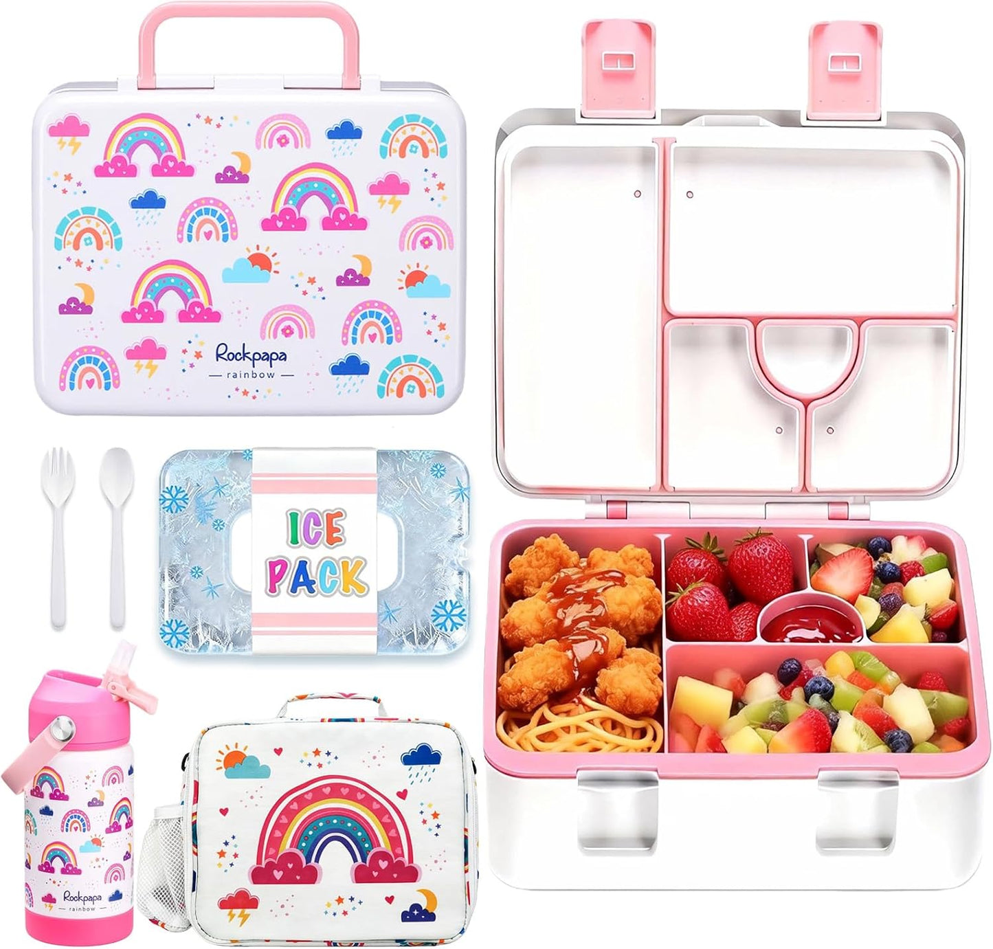 rockpapa Chill Kids Lunch Box Set with Leakproof 5.5 Cups Bento Box, Reusable Ice Pack, 14oz Insulated Water Bottle & Lunch Bag, BPA-Free Microwave Safe for School Boys Girls (Black Games)