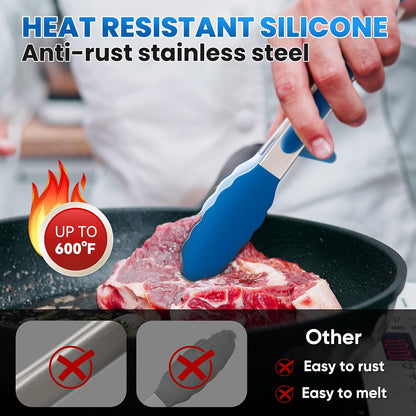 3 Pack Silicone Tongs for Cooking,Maywe Tanso 9 Inch Cooking Kitchen Tongs with Silicone Tips,Nonstick Stainless Steel Tongs for Steak Pie Pizza Pasta Spaghetti Salad BBQ Buffet
