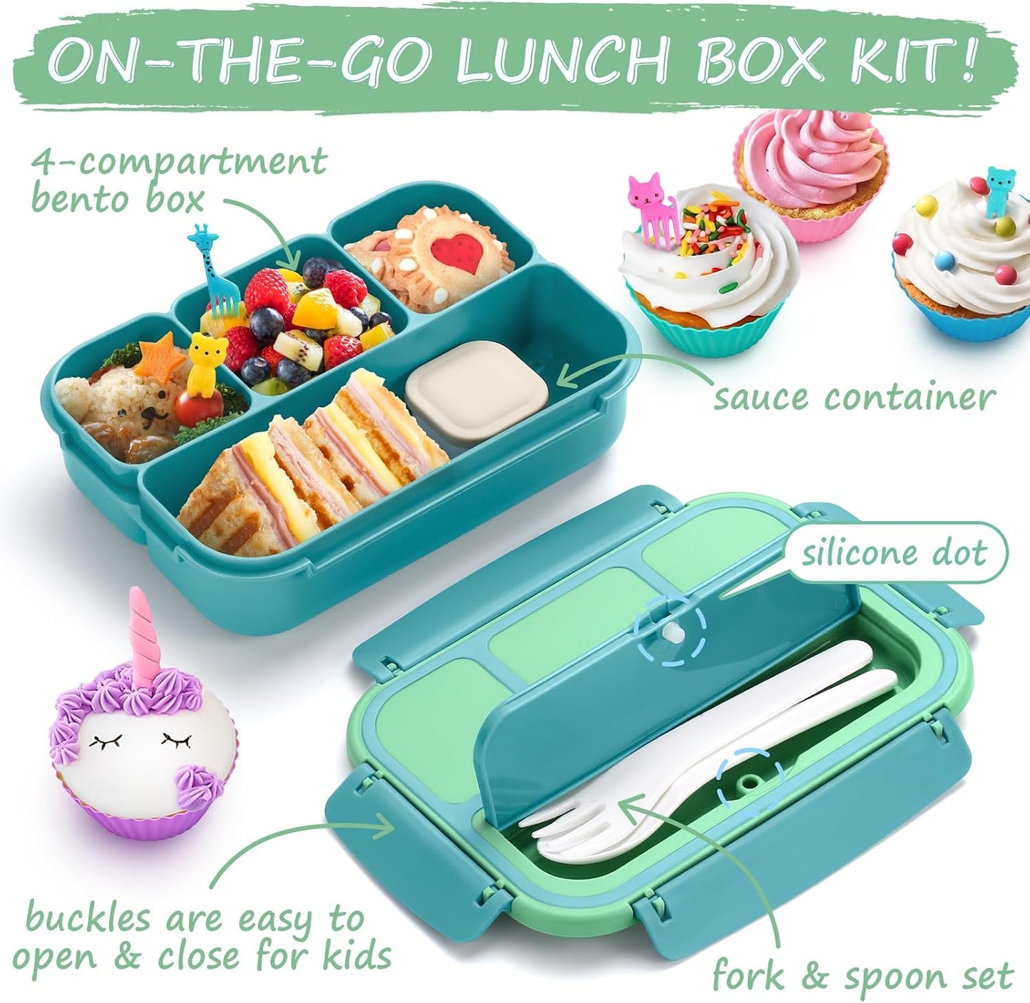 QQKO Bento Lunch Box for Kids Girls Boys, Toddler Kids Lunch Boxes for School, Lunch Containers for Adults with 4 Compartments, Sauce Container, Utensils, Food Picks and Muffin Cups, Purple