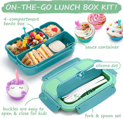 QQKO Bento Lunch Box for Kids Girls Boys, Toddler Kids Lunch Boxes for School, Lunch Containers for Adults with 4 Compartments, Sauce Container, Utensils, Food Picks and Muffin Cups, Purple