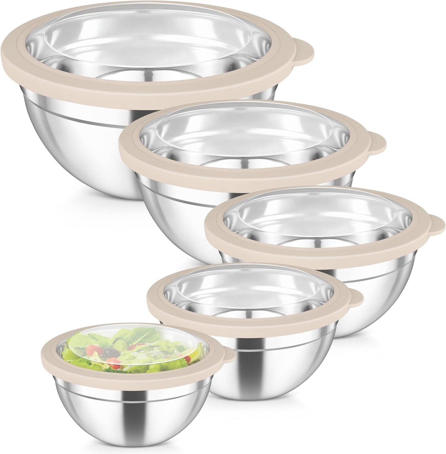 TeamFar Mixing Bowls Set, 4.5/3/1.5/1/0.7 QT Stainless Steel Nesting Salad Bowls with Airtight Lids, For Serving/Mixing/Storing, Non-Toxic & Heavy Duty, Visible & Easy Clean, Black, Set of 5
