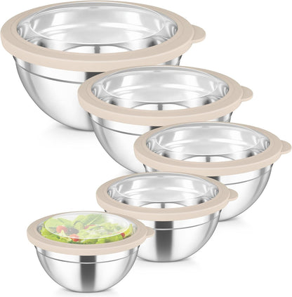 TeamFar Mixing Bowls Set, 4.5/3/1.5/1/0.7 QT Stainless Steel Nesting Salad Bowls with Airtight Lids, For Serving/Mixing/Storing, Non-Toxic & Heavy Duty, Visible & Easy Clean, Black, Set of 5