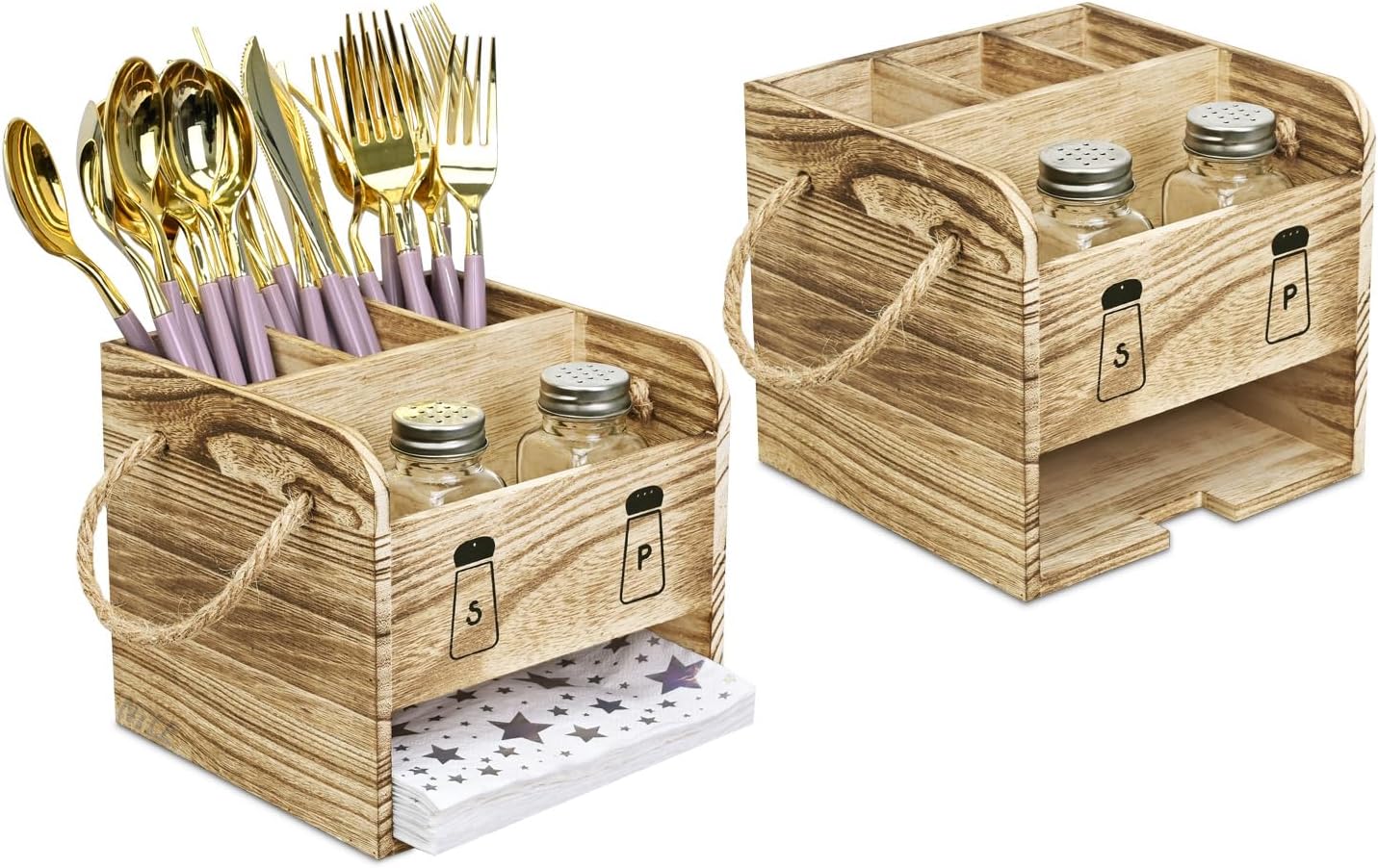 Ikee Design Wooden Utensil Caddy Flatware Holder with Handles - Utensil Holder for Dining Room, Restaurant and Kitchen, Oak Color, 7.13”W x 6.63”D x 7.5”H