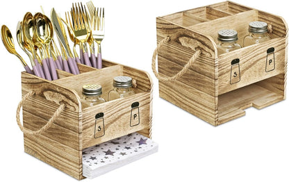 Ikee Design Wooden Utensil Caddy Flatware Holder with Handles - Utensil Holder for Dining Room, Restaurant and Kitchen, Oak Color, 7.13”W x 6.63”D x 7.5”H