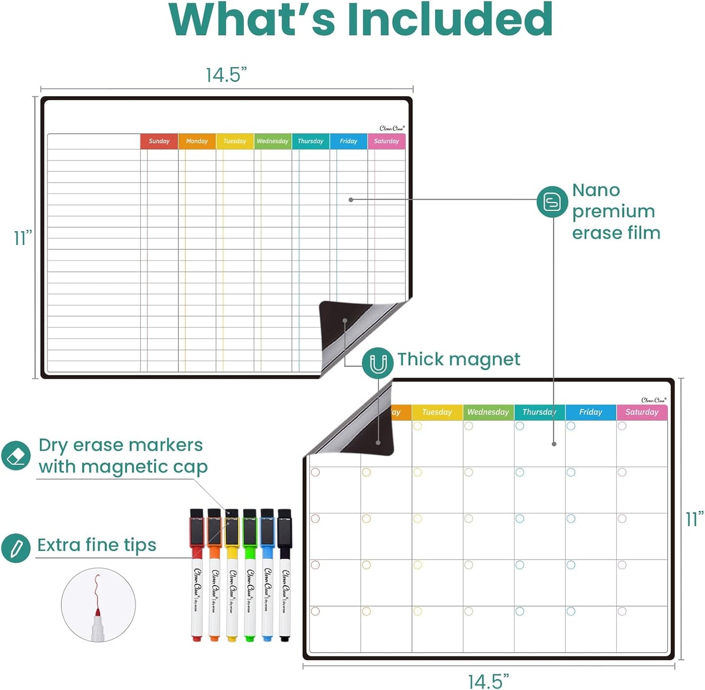 Magnetic Dry Erase List Board - 6.5"x8.5" Weekly, Daily, 2 List Boards for Fridge - 6 Extra Fine Point Markers Included - Shipped Flat