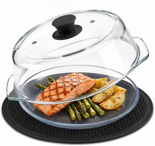 2 in 1 Glass Microwave Splatter Cover for Food with Tempered Glass Plate, High Borosilicate Glass Microwave Cover, Vented Splatter Guard Lid, Silicone Mats, Microwave Dish Cover