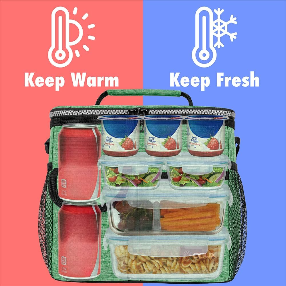 opux Insulated Lunch Bag for Men Women, Leakproof Black Lunch Box for Work, Portable Soft Lunch Cooler Bag with Shoulder Strap, Adult Lunchbox Lunch Pail for Kid Boy Girl School, 14 Can/8L