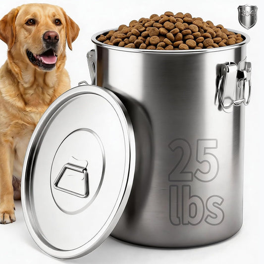 304 Stainless Steel Dog Food Storage Container, 25LB/30LB Airtight Pet Food Container with Locking Lid & Silicone Seal, Large Metal Food Storage Bin for Dry Dog/Cat Food, Rice, Flour (25 LBS)