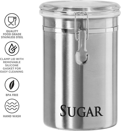 Oggi Stainless Steel Sugar Canister 62 fl oz - Airtight Clamp Lid, Clear See-Thru Top - Ideal Sugar Container for Countertop, Sugar Jar, Bulk Sugar Storage. Large Size 5" x 7.5".