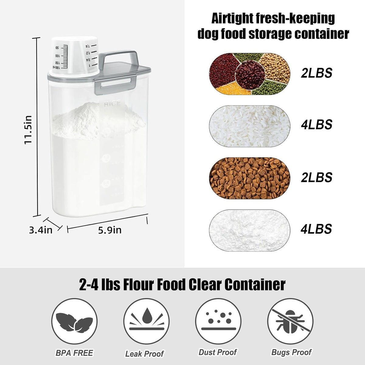 LEAWALK Airtight Rice Storage Container, 3-5Lbs Cereal Dry Food Flour Bin, Pet Dog Cat Food Dispenser with Measuring Cup, BPA Free Plastic Kitchen and Pantry Organization Bin for Sugar-Clear Grey