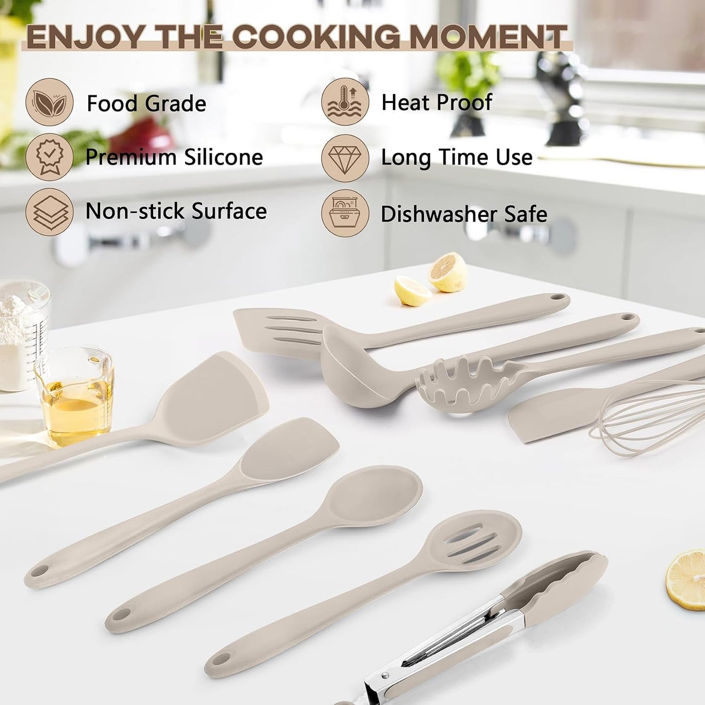 TeamFar Silicone Cooking Utensils, 10 pcs Kitchen Cooking Utensils Set, 446°F Heat Resistant Kitchen Gadgets Tools Set w/Spatula, Turners, Spoons, Soup Ladle, Pasta Server for Nonstick Cookware, Black