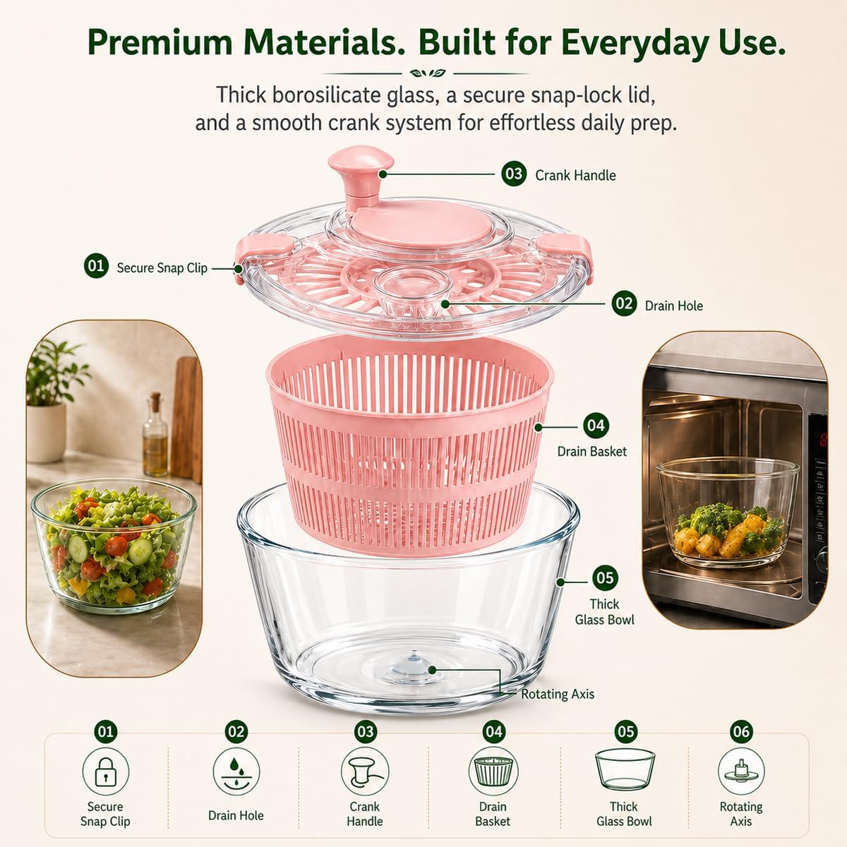 Large 5.2 Qt Glass Salad Spinner with Storage Lid Glass Bowl Black