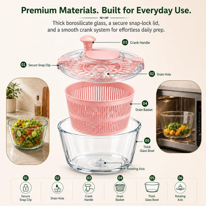 Large 5.2 Qt Glass Salad Spinner with Storage Lid Glass Bowl Black