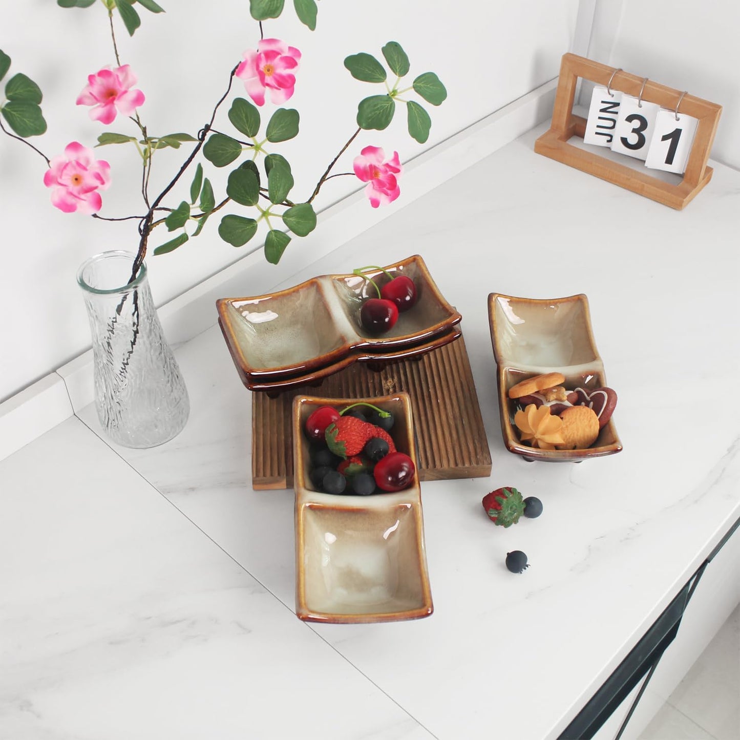 Ceramic 10.9 Inch Chips and Dip Set, Chips and Dip Divided Tray, Moisture Proof Cereal Bowl (for Salad, Pasta, Fruit, Sauce), Divided Moisture Proof Cereal Bowl Buffet Bowl Set