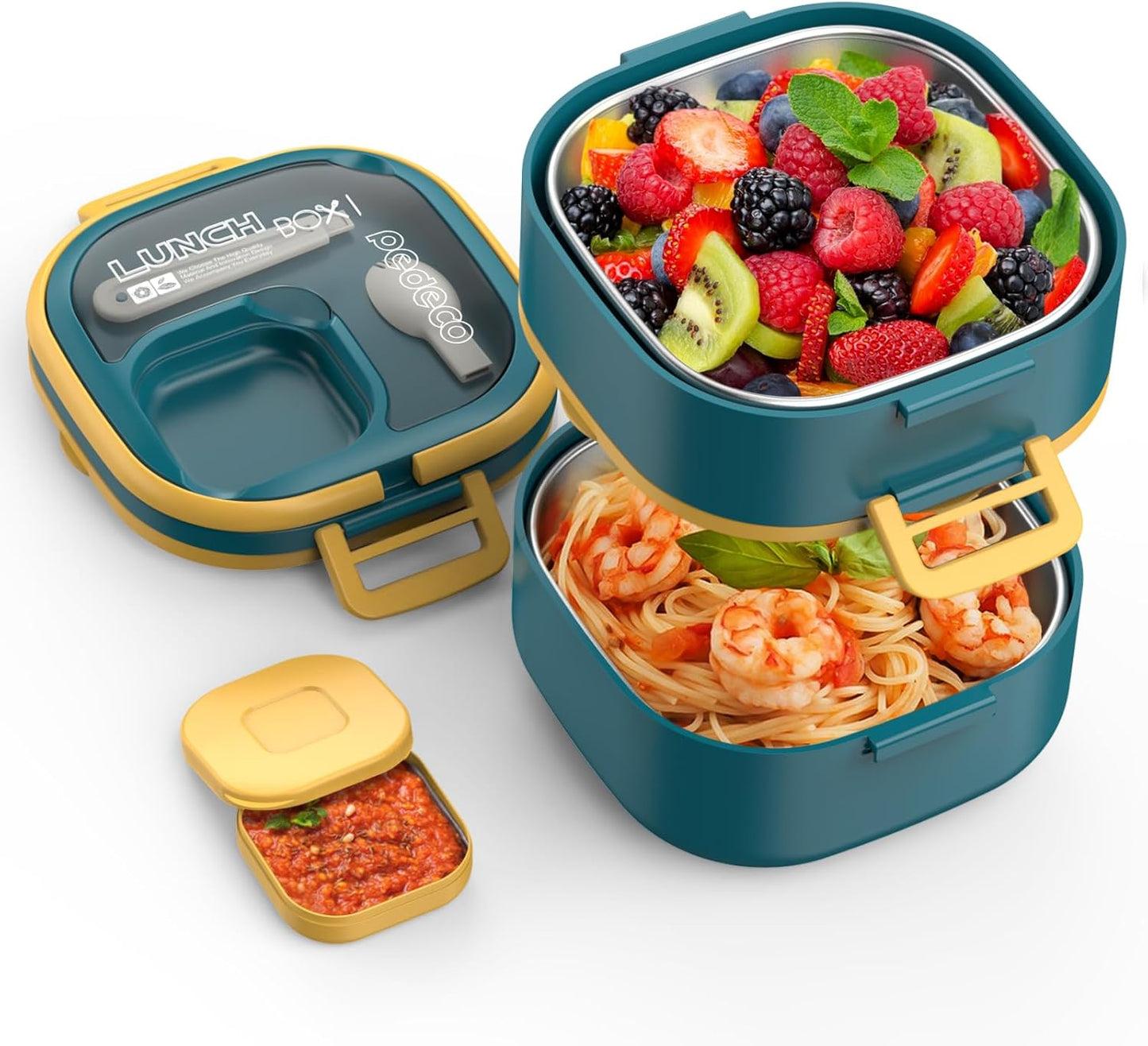 PEDECO Stackable Stainless Steel Bento Box with Insulated bag,Adult & Kids Luch Box,Leak-Proof,1-Tier Bento box,Lunch Box With Portable Sauce Pod and Cutlery-for Teens/Toddler,Dishwasher Safe,Blue
