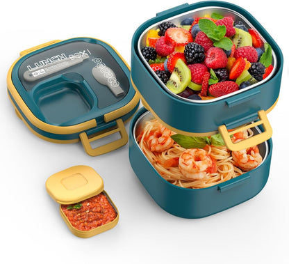PEDECO Stackable Stainless Steel Bento Box with Insulated bag,Adult & Kids Luch Box,Leak-Proof,1-Tier Bento box,Lunch Box With Portable Sauce Pod and Cutlery-for Teens/Toddler,Dishwasher Safe,Blue