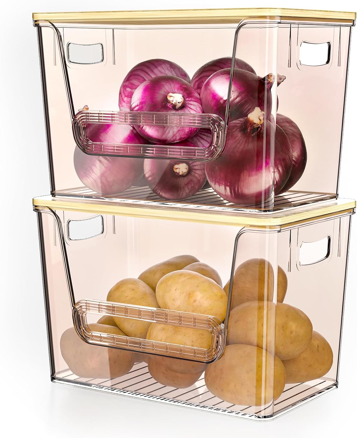 Delamu 2 Set Pantry Organizers and Storage, Trash Bag Holder Under Sink Organizer for 4-13 Gal Bags, Trash Bag Dispenser with Bamboo Top for Onion, Potato, Garlic, Clear (11-7/32"L*7" W*7-1/8"H)