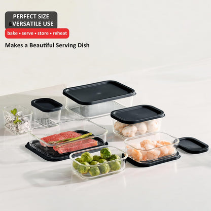 EATEX Grooved Base Glass Meal Prep Containers, 12 Pack Glass Food Storage Containers with Lids for Meal Prep & Lunch, Microwave Oven Freezer Dishwasher Safe, Anti Moisture Non-Stick Design - Black