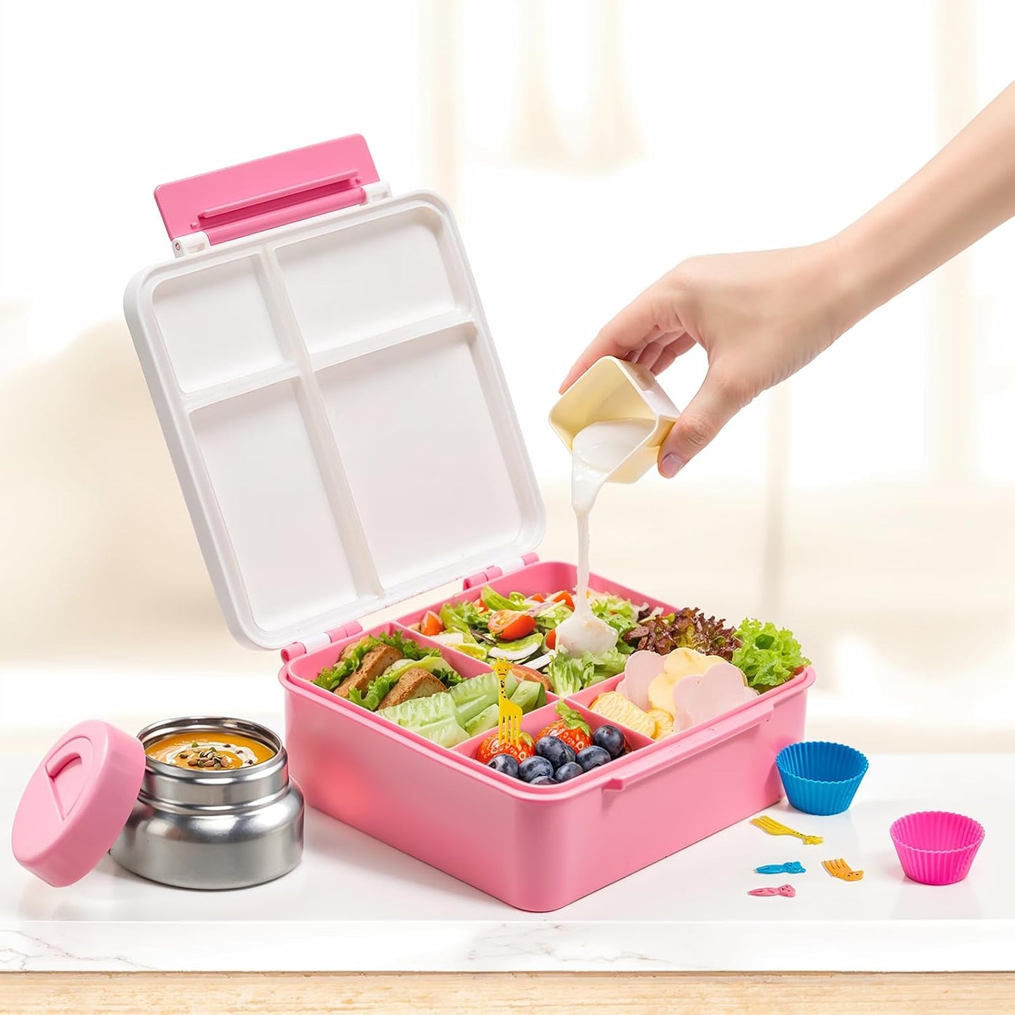 JSLOVE Bento Lunch Box with Leak Proof Thermos Food Jar for Kids, Food Lunch Containers for Boys with 4 Compartments, BPA-Free with Utensils, Food Picks, Sauce Jar & Silicone Lunch Box Dividers