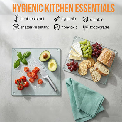 Hacaroa 4 Pack Tempered Glass Cutting Board with Rubber Feet, Rectangle Non-slip Chopping Board, Long Lasting Clear Glass Tray for Kitchen Countertop, Table, Shatter-Resistant, Heat-Resistant, 2 Size