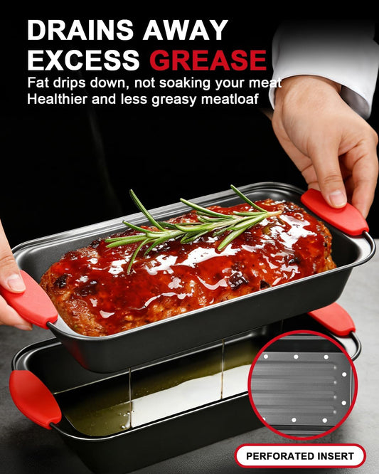Meatloaf Pan with Drain Tray, 2 Piece Set Meat Loaf Pan with Silicone Grip and Spatula & Basting Brush, Carbon Steel with Nonstick Coating, Oven Safe to 450°F, Versatile for Bread, Roasts, Cakes