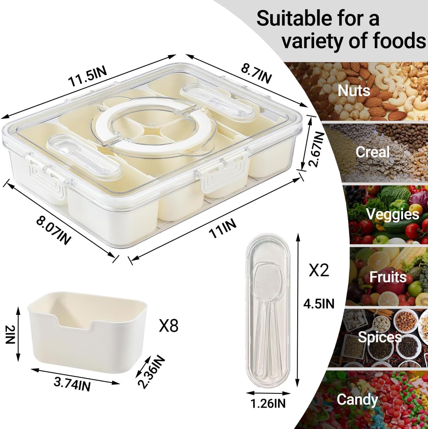 Large Divided Serving Tray with lid and handle Travel snack container Portable snackle box container for fruit, Party, Picnic -10 compartment with 3 forks and 2 spoons