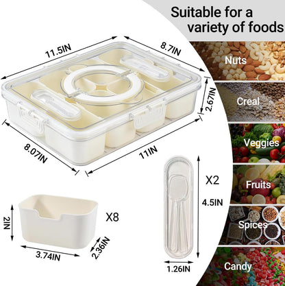 Large Divided Serving Tray with lid and handle Travel snack container Portable snackle box container for fruit, Party, Picnic -10 compartment with 3 forks and 2 spoons