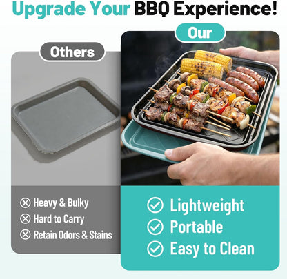 Grilling Prep & Serving Tray, Set of 2 Stackable Plastic BBQ Trays for Raw and Cooked Food, Dishwasher Safe, 17"×10.5" Outdoor Cooking, BBQ Accessories for Parties, Green & Black