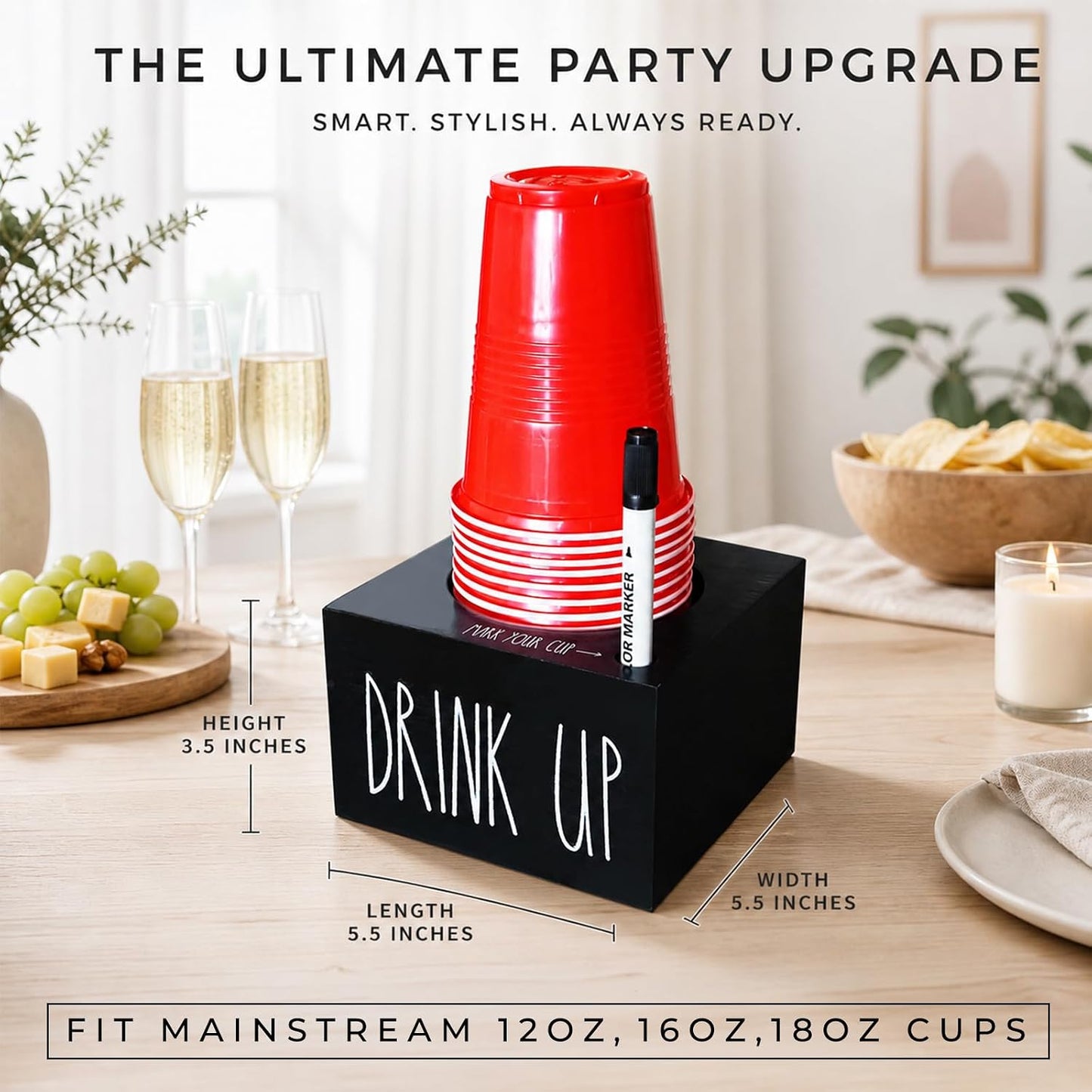 Cup Holder with Marker Slot, Mark Your Cup and Drink Up Cups Dispenser, Farmhouse Disposable Cups Organizer, Rustic Plastic Cups Caddy for Wedding Housewarming Party Decor