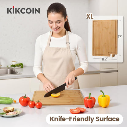 Kikcoin Bamboo Cutting Boards for Kitchen Set of 3, Extra Large Wood Cutting Board with Rotating Kickstand & Juice Groove, Wooden Chopping Board for Meats Veges Fruits, Heavy Duty Serving Tray