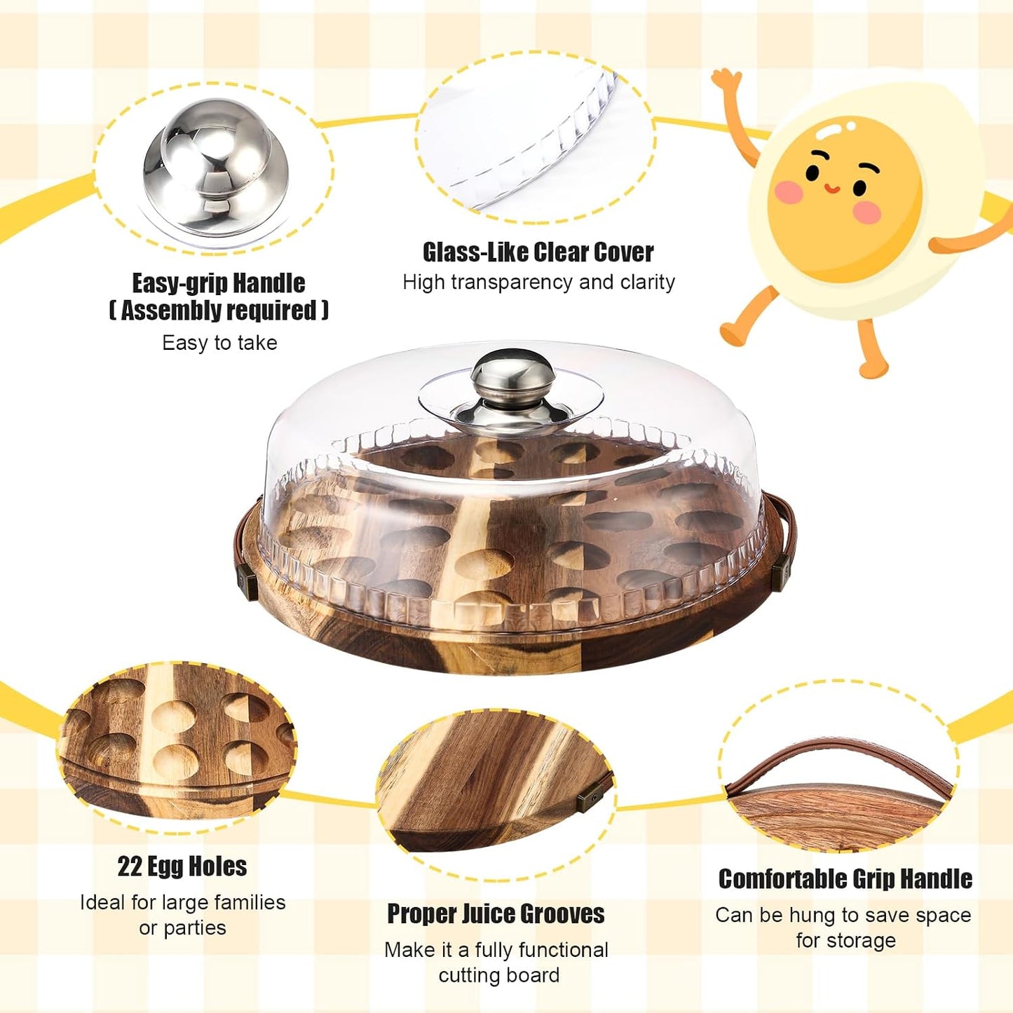 Havawish Wood Deviled Egg Platter with Lid 22 Holes Round Deviled Egg Tray Charcuterie Board Food Serving Container Holder for Countertop Easter Party Supplies(Acacia Wood)
