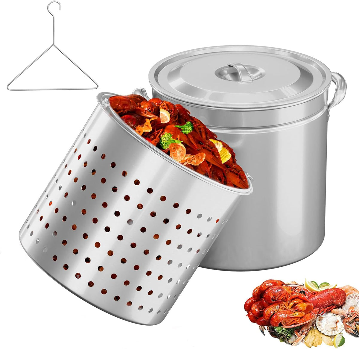 Bonnlo 30QT Aluminum Stock Pot for Boiling Seafood, Crawfish & Crab, Frying Turkey & Steaming Tamales, Large Boil Pot with Strainer Basket, Lid, Lifting Hook & Steamer Rack for Outdoor Cooking