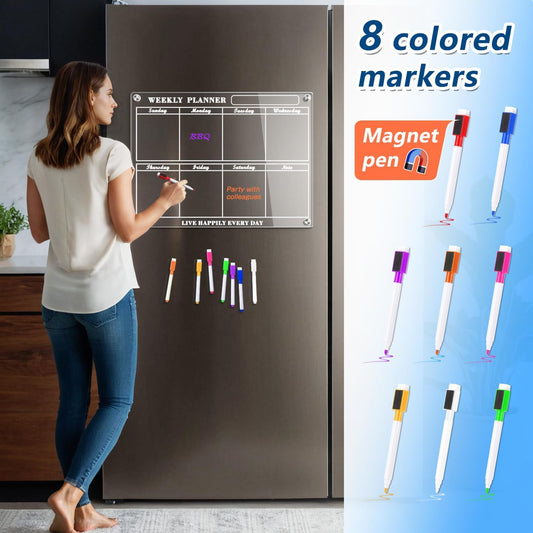 Acrylic Magnetic Calendar for Refrigerator - WINLION Monthly Calendar with 8 Color Markers Clear Board for Fridge Acrylic Refrigerator Calendar for Monthly Planning,15"x11"
