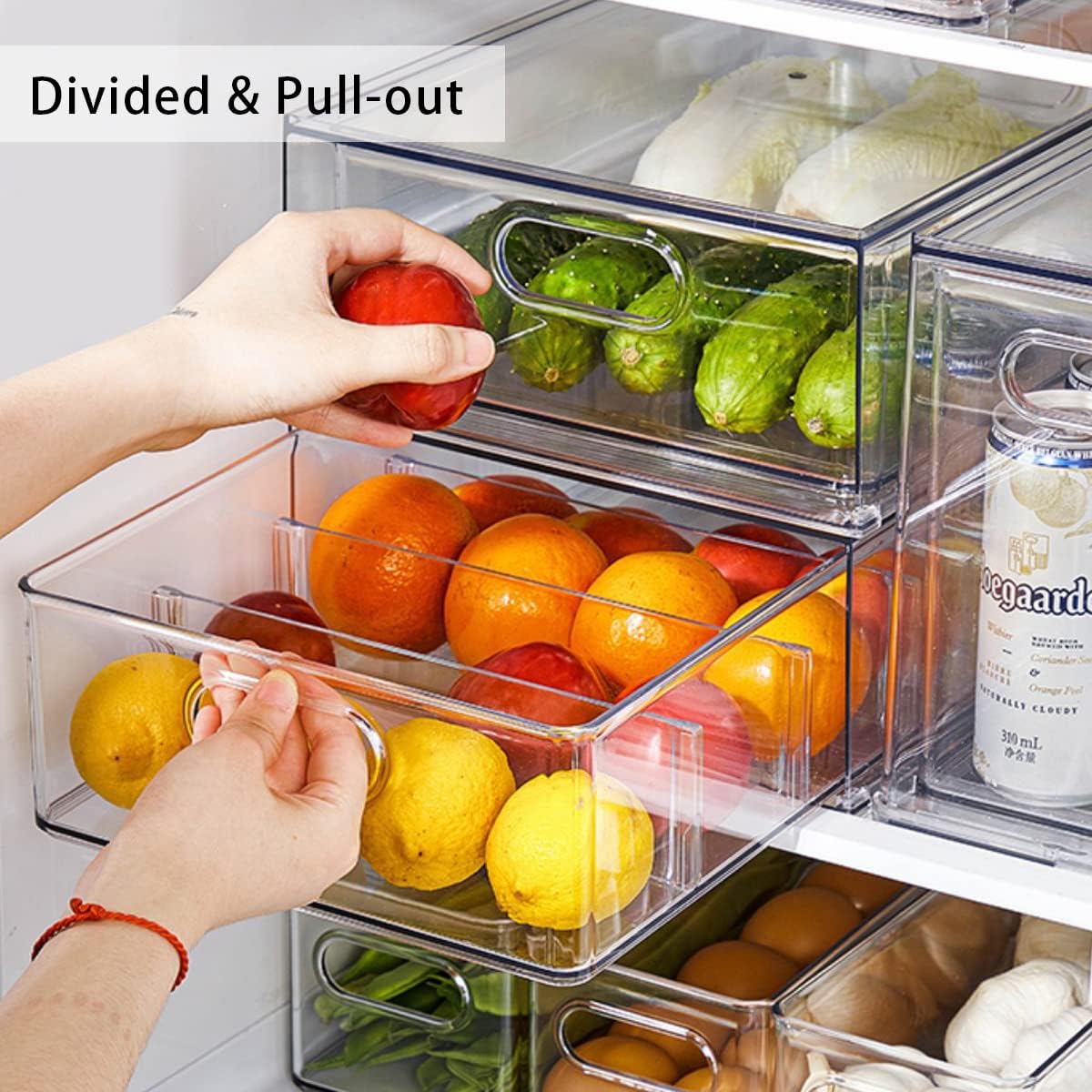 Mano Stackable Fridge Drawers Pull Out Bins with Handle Clear Refrigerator Drawers Organizer Food Storage Container Box with Dividers Plastic Produce Saver for Pantry, Cabinet, Kitchen, Clothes（7Pack）