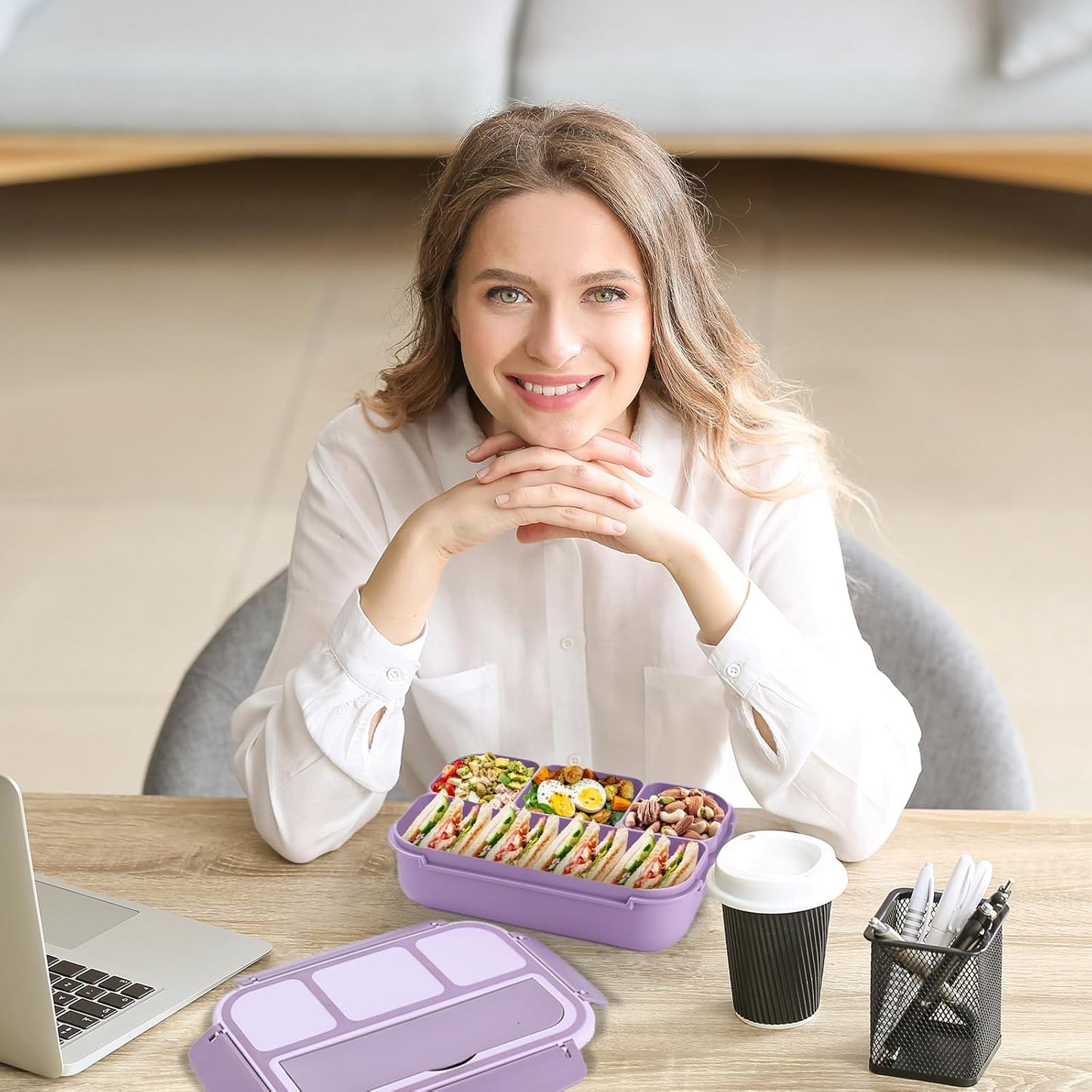 Bento Box Adult Lunch Box, Lunch Containers for Kids Girls Boys with 4 Compartments, Lunchable Food Container with Utensils, Sauce Jar, Muffin Liners, 40 Oz/5 Cup, Microwave Safe, Lavender